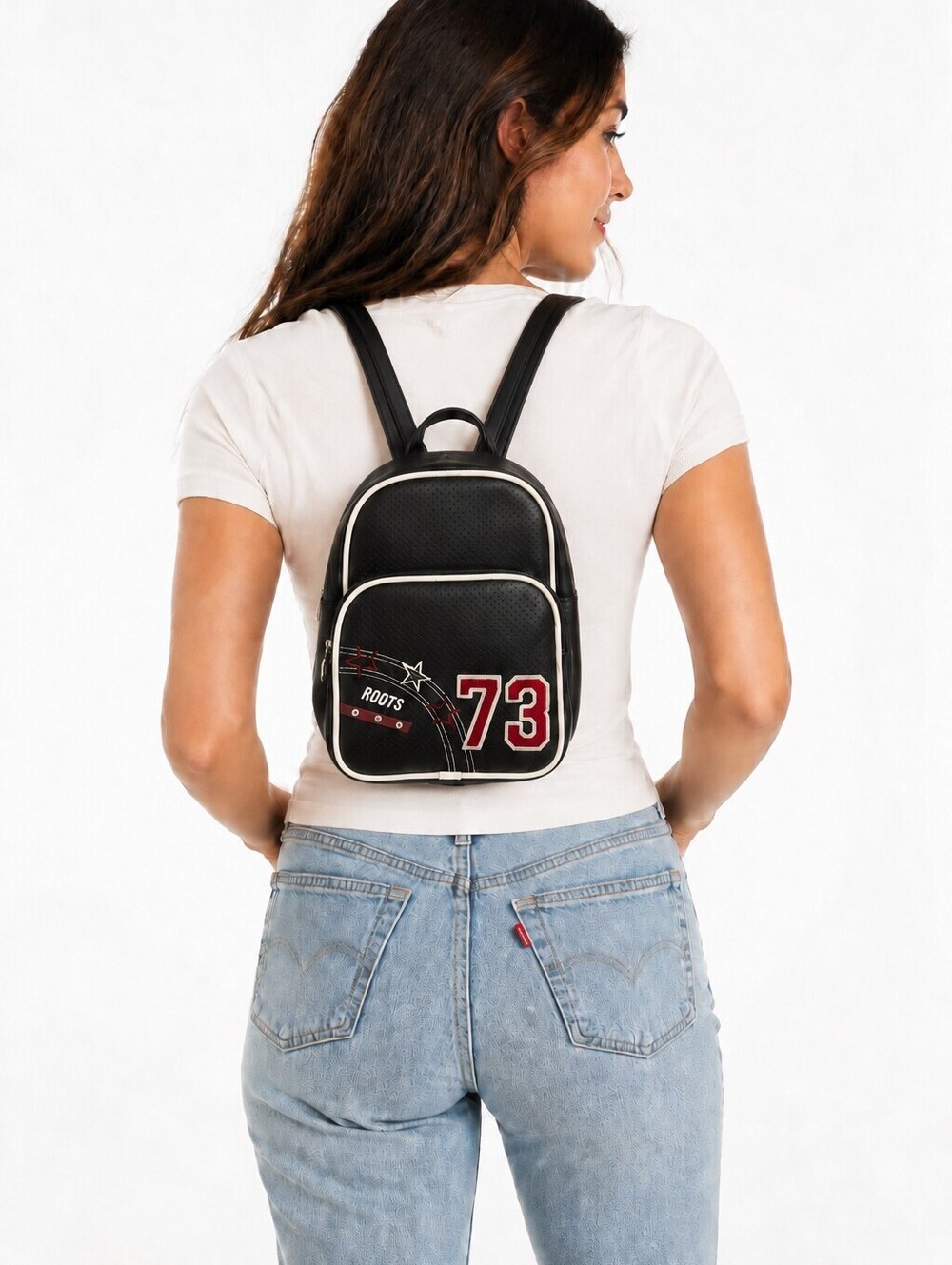 Roots 73 Black Faux Leather Mini Backpack Stars Varsity Logo Y2K